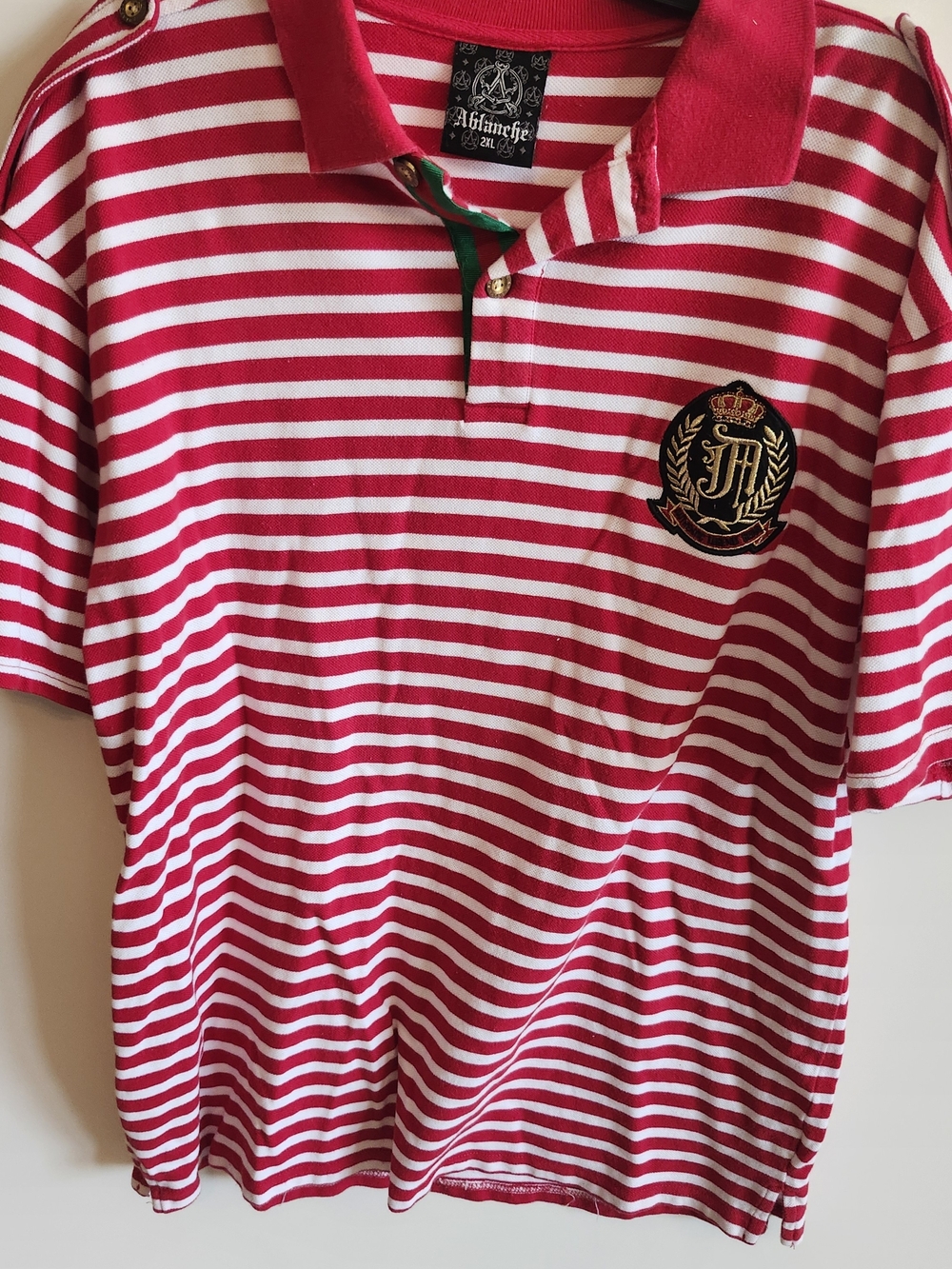 Vintage Ablanche Polo Shirt Mens 2XL Red White Striped Embroidered Crest  Y2K